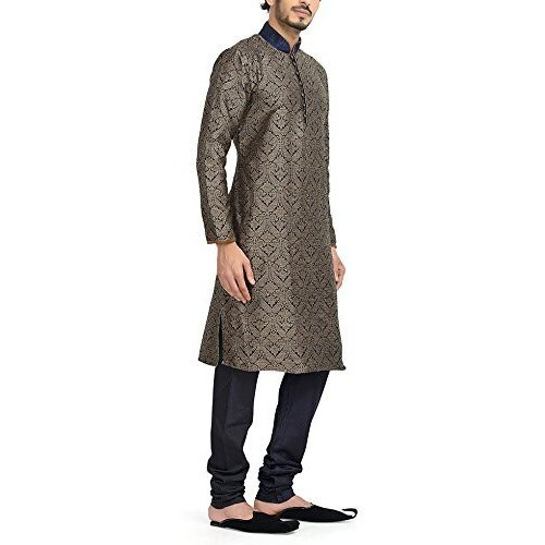 Manyavar Men's Blended Kurta & Churidar Set, Blue-Beige - Small (S952509-306)