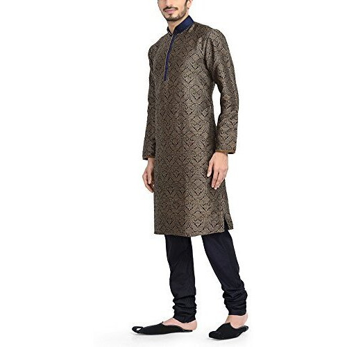 Manyavar Men's Blended Kurta & Churidar Set, Blue-Beige - Small (S952509-306)