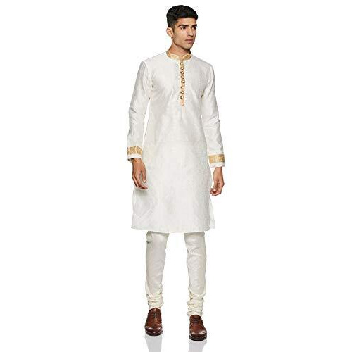 Manyavar Men's Silk Regular Kurta and Churidar Set (SDES192-301-S_Off-White_S)