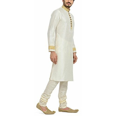 Manyavar Men's Silk Regular Kurta and Churidar Set (SDES192-301-S_Off-White_S)