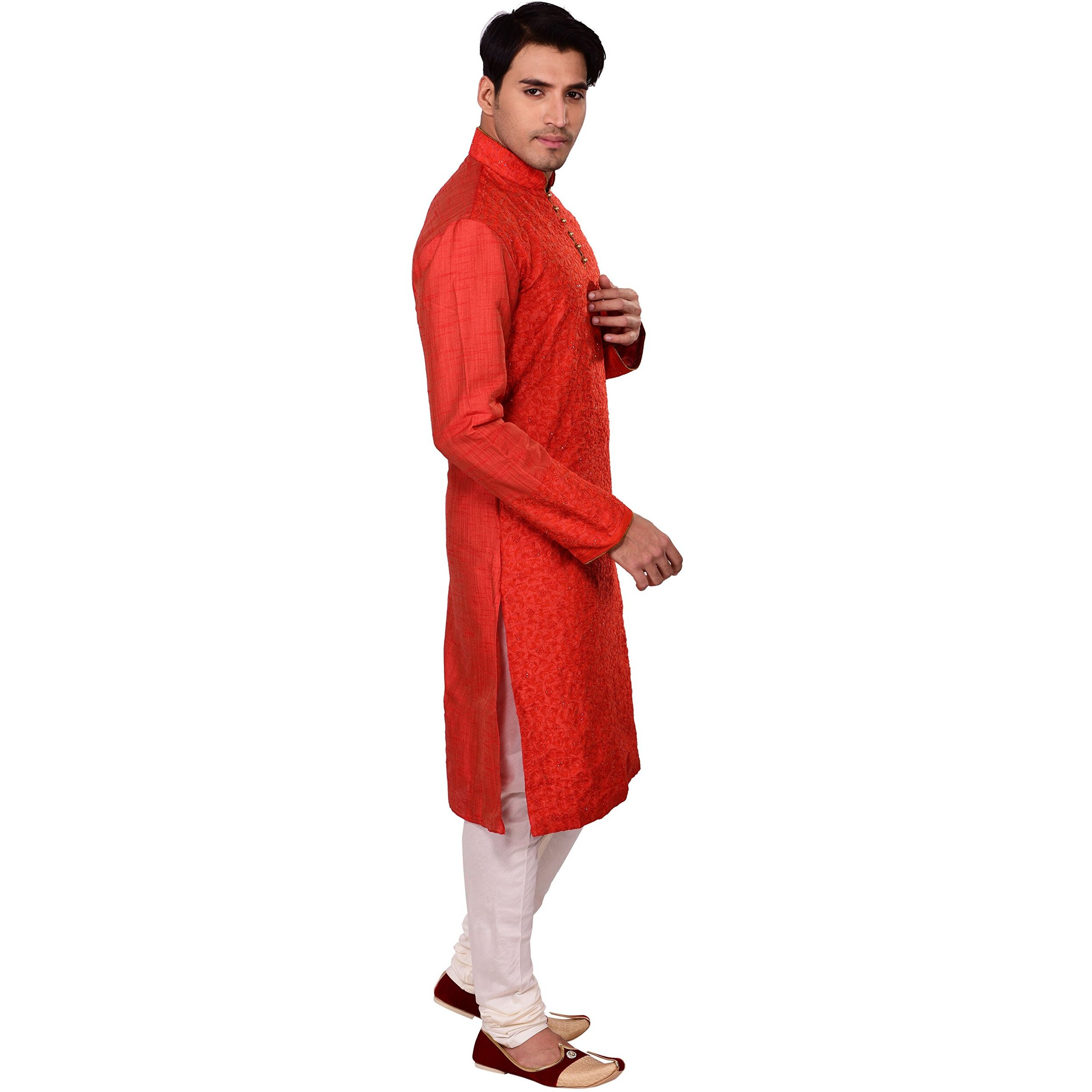 Manyavar Men's Full Sleeve Blended Kurta & Churidar Set, Red - X-Large (S952521-329-XL-Red)