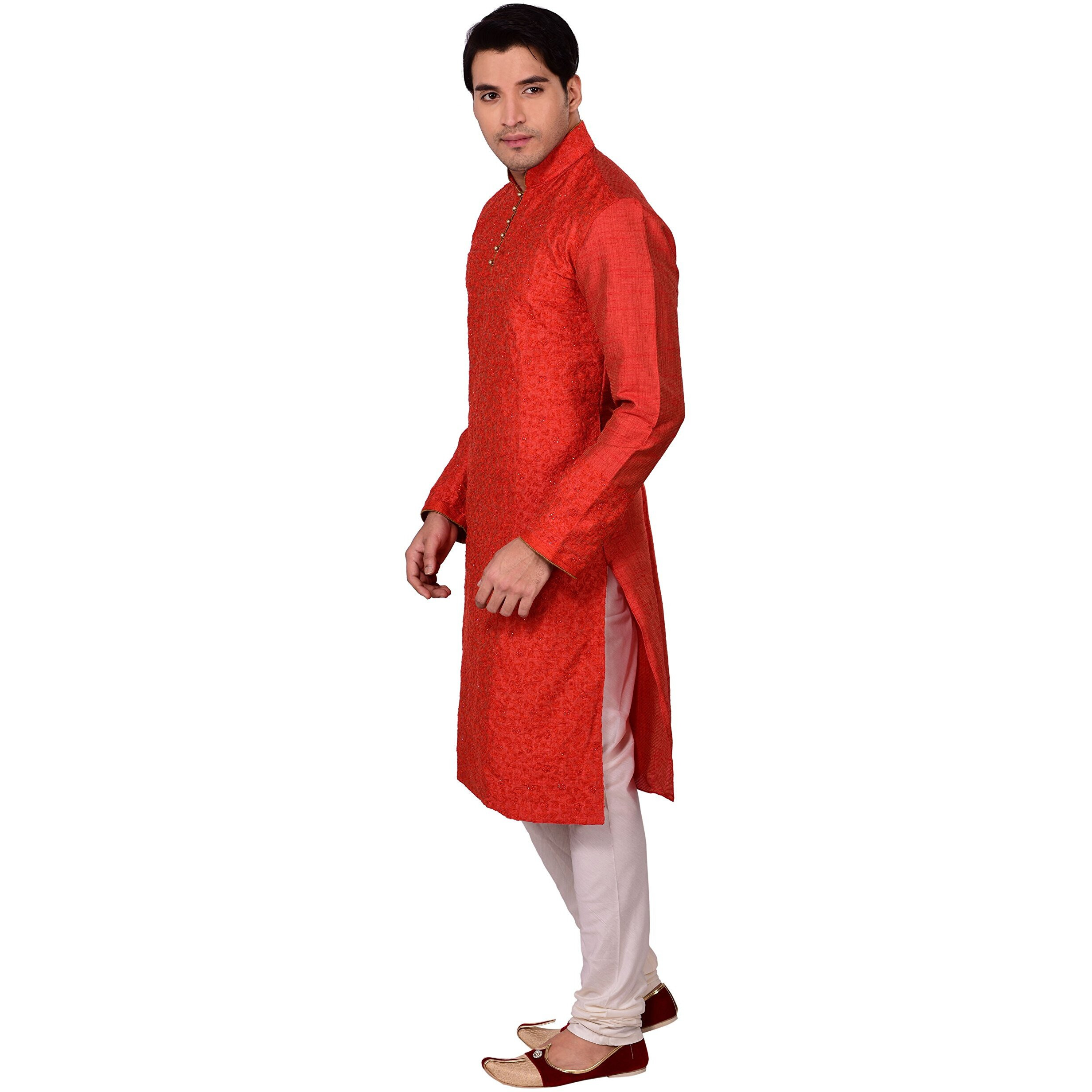 Manyavar Men's Full Sleeve Blended Kurta & Churidar Set, Red - X-Large (S952521-329-XL-Red)