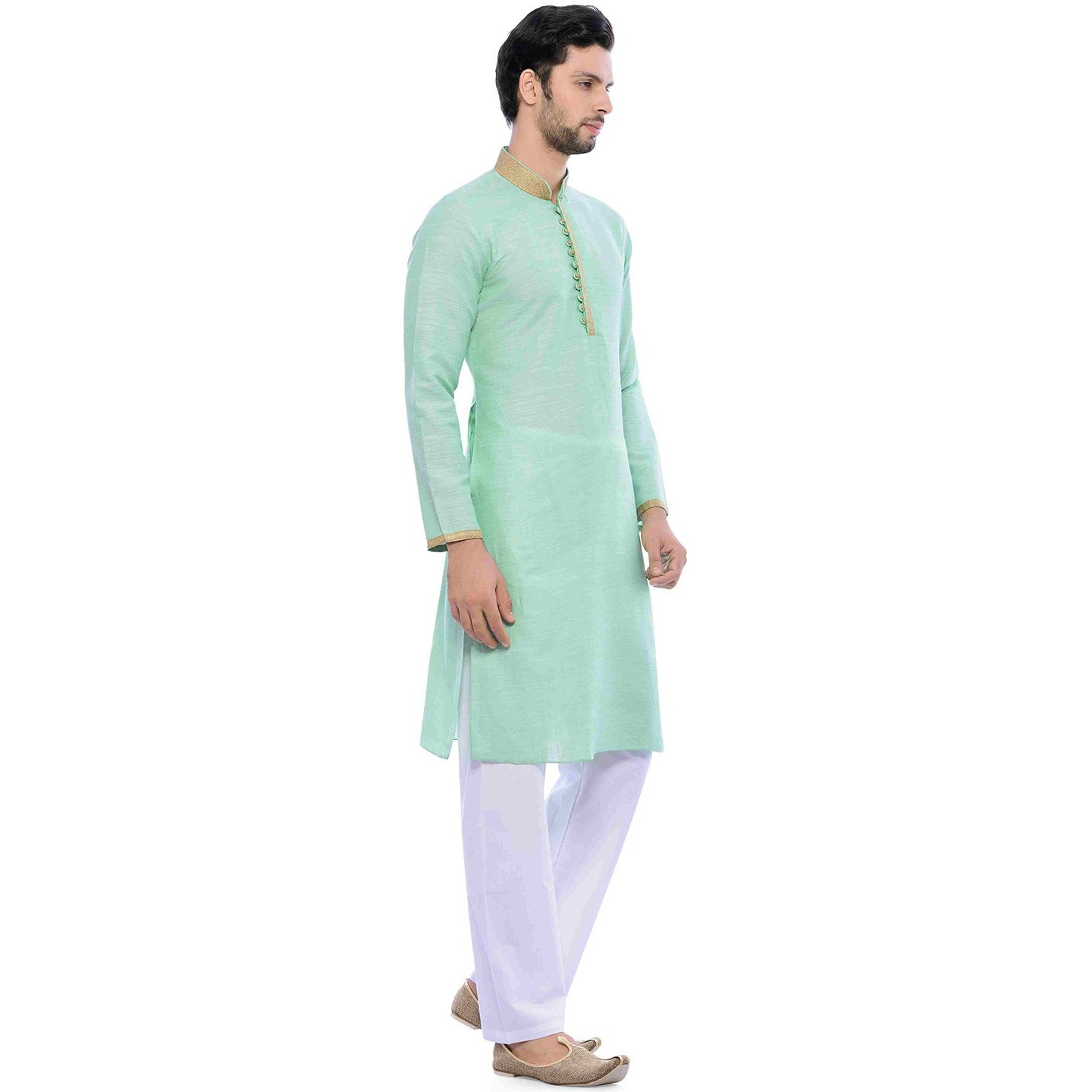 Manyavar Men's Full Sleeve Blended Kurta & Pyjama Set, Light Green - Small (S952552-334)