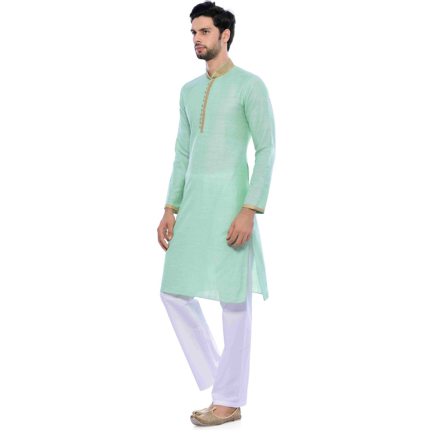 Manyavar Men's Full Sleeve Blended Kurta & Pyjama Set, Light Green - Small (S952552-334)