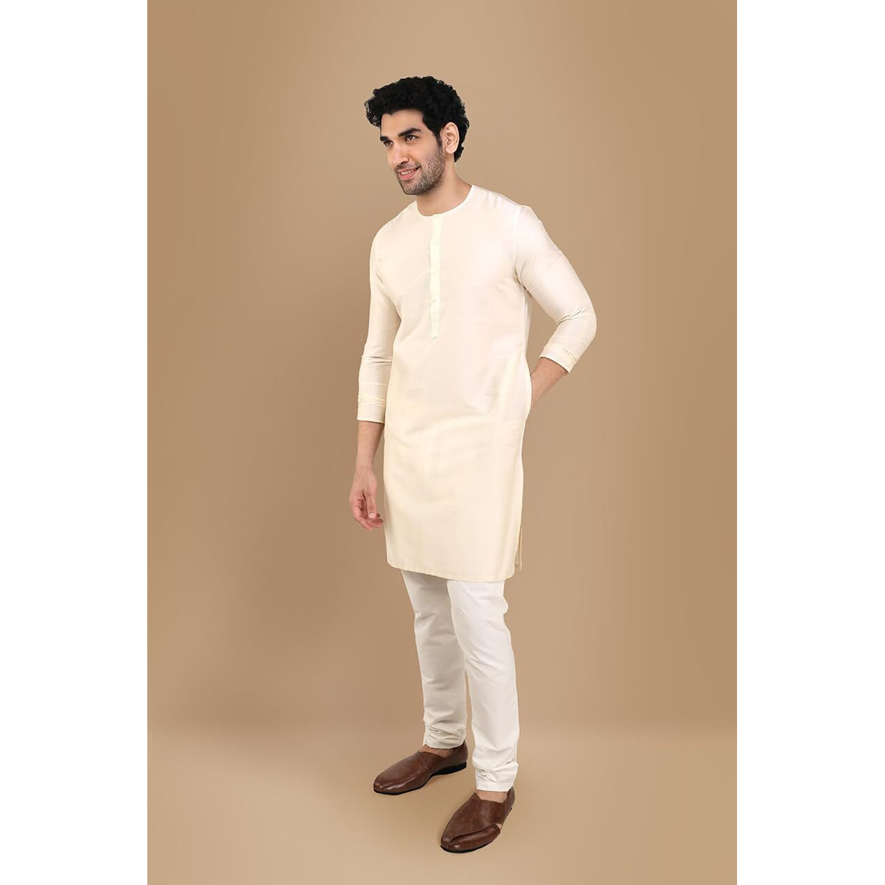 Manyavar Men's Cotton Kurta (MK50102-302-XL_Cream_42)