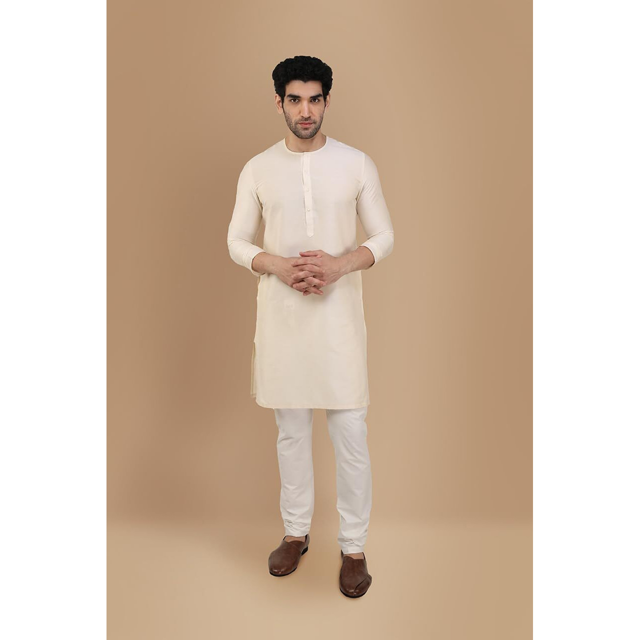 Manyavar Men's Cotton Kurta (MK50102-302-XL_Cream_42)
