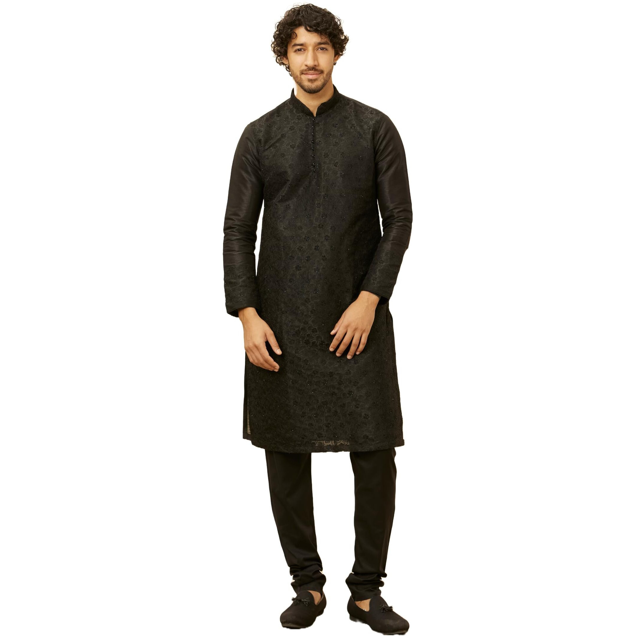 Manyavar Men's Full Sleeve Blended Kurta & Churidar Set, Black - Large (S952521-310)