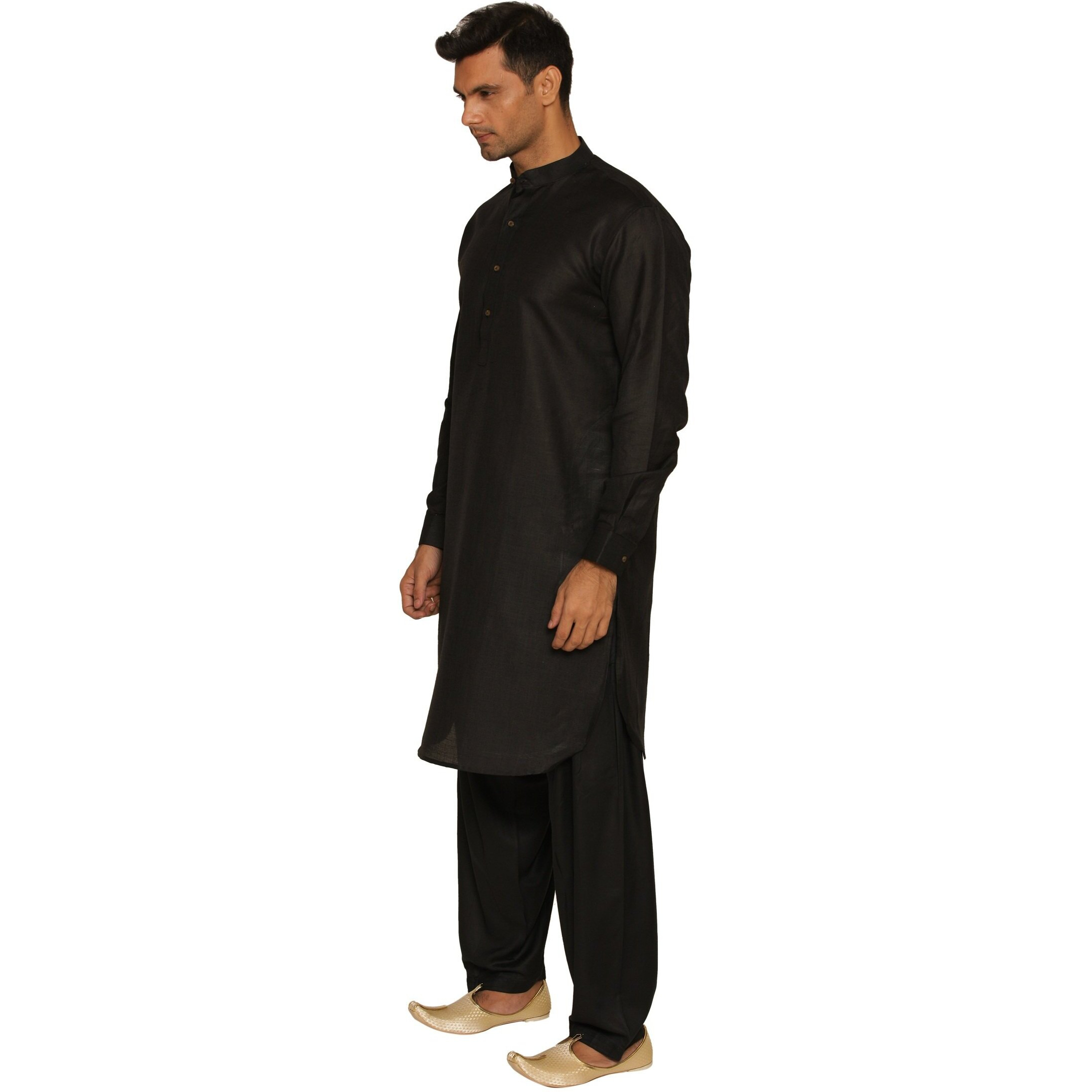 Manyavar Men's Knee-Long Blended Kurta, Black - XX-Large (ML11797-310)