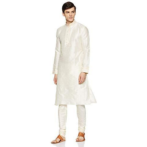 Manyavar Men's Blended Kurta & Churidar Set, Off-White - Small (S952136-340)