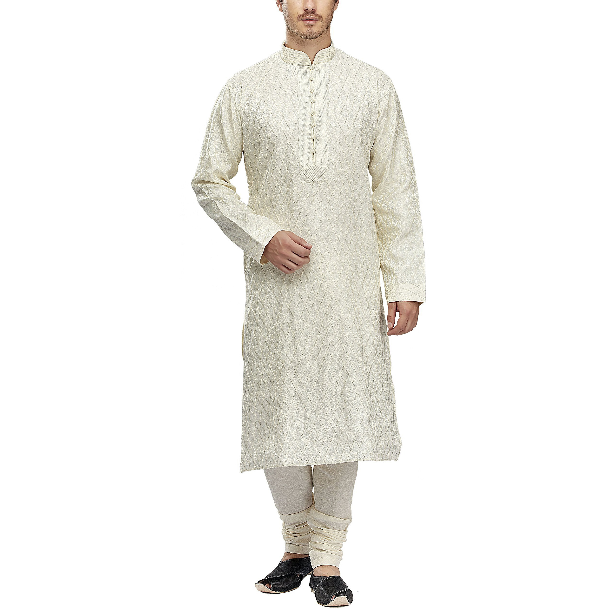 Manyavar Men's Blended Kurta & Churidar Set, Off-White - Small (S952276-302)