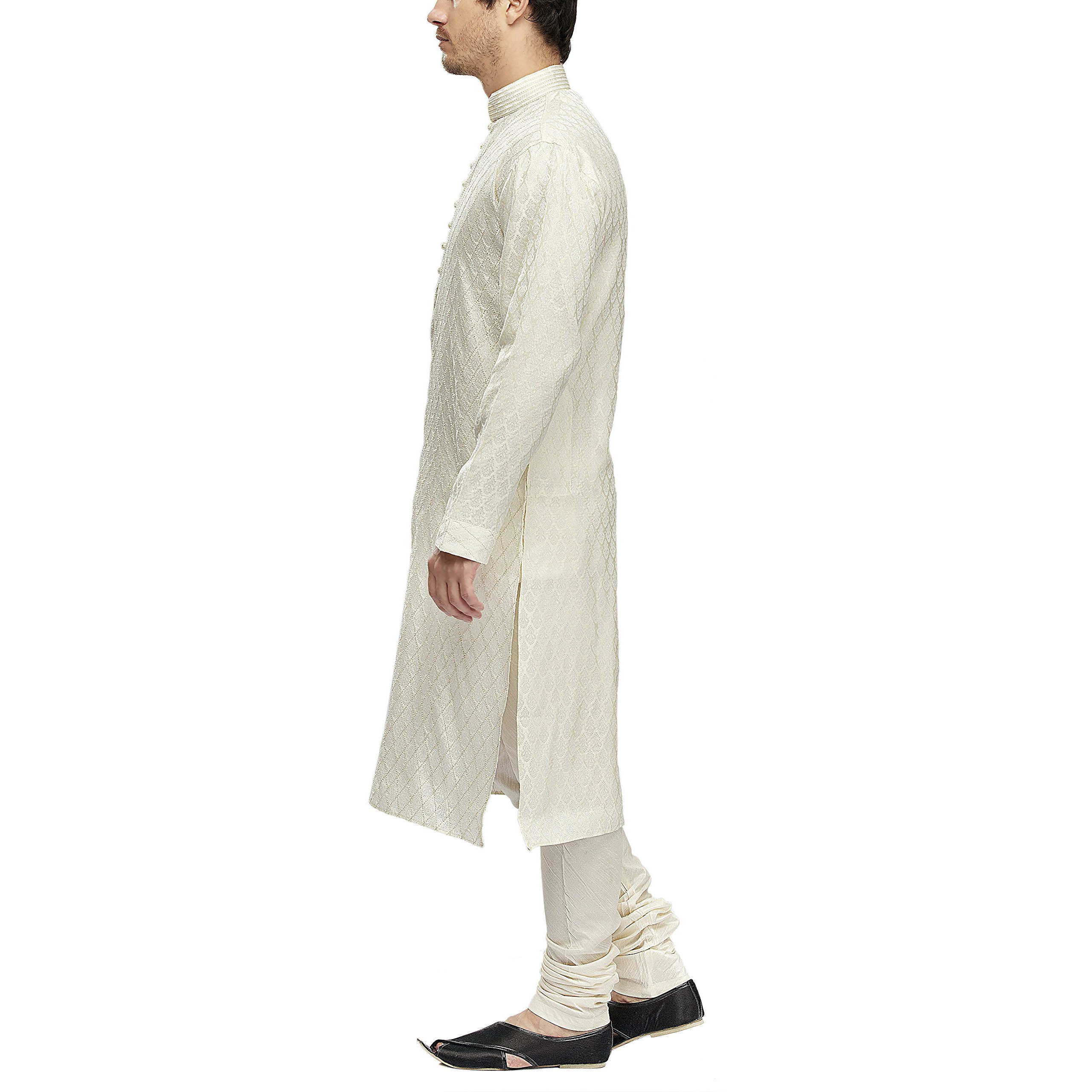 Manyavar Men's Blended Kurta & Churidar Set, Off-White - Small (S952276-302)