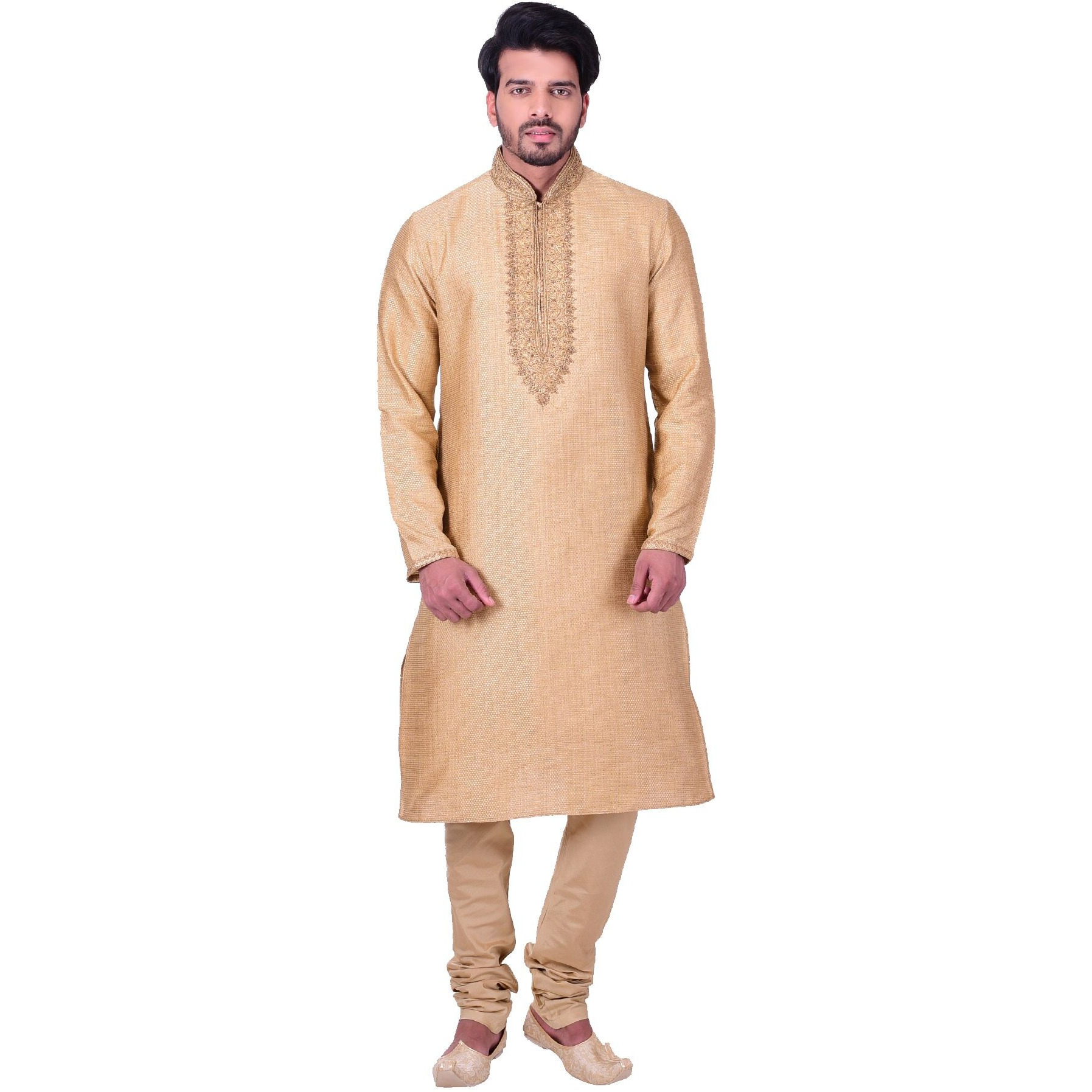 Manyavar Men's Blended Kurta & Churidar Set, Beige - Small (S952654-304)