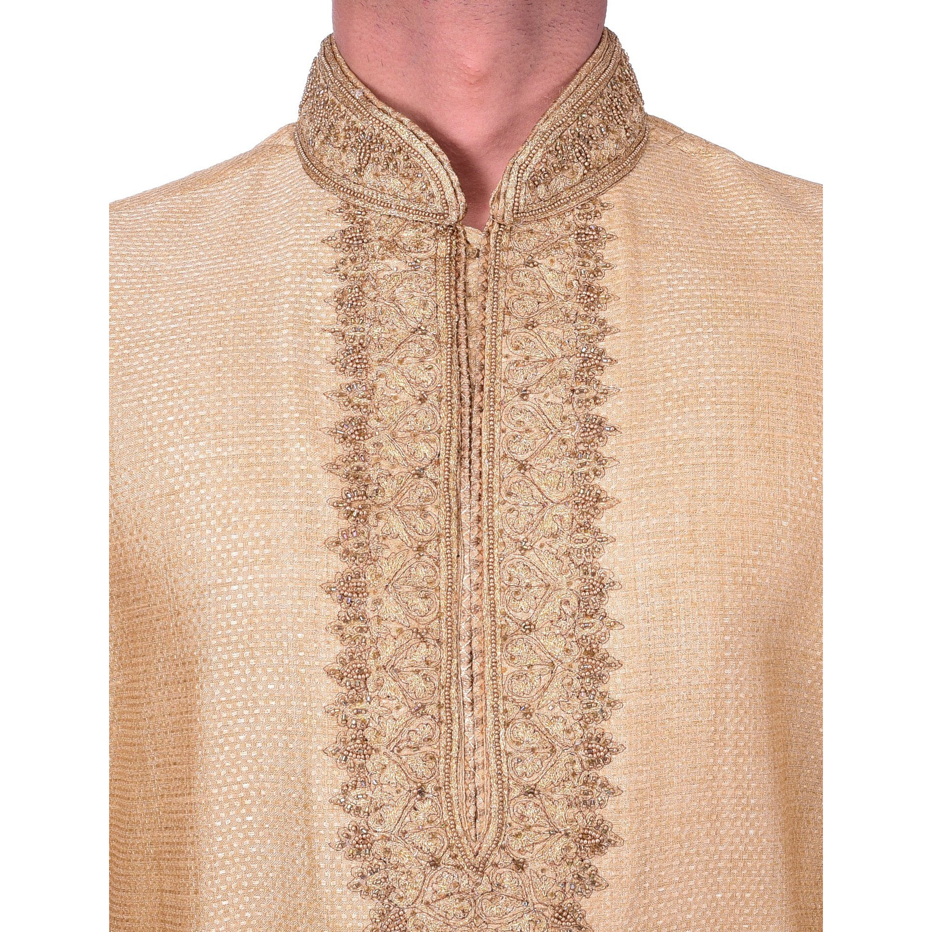 Manyavar Men's Blended Kurta & Churidar Set, Beige - Small (S952654-304)