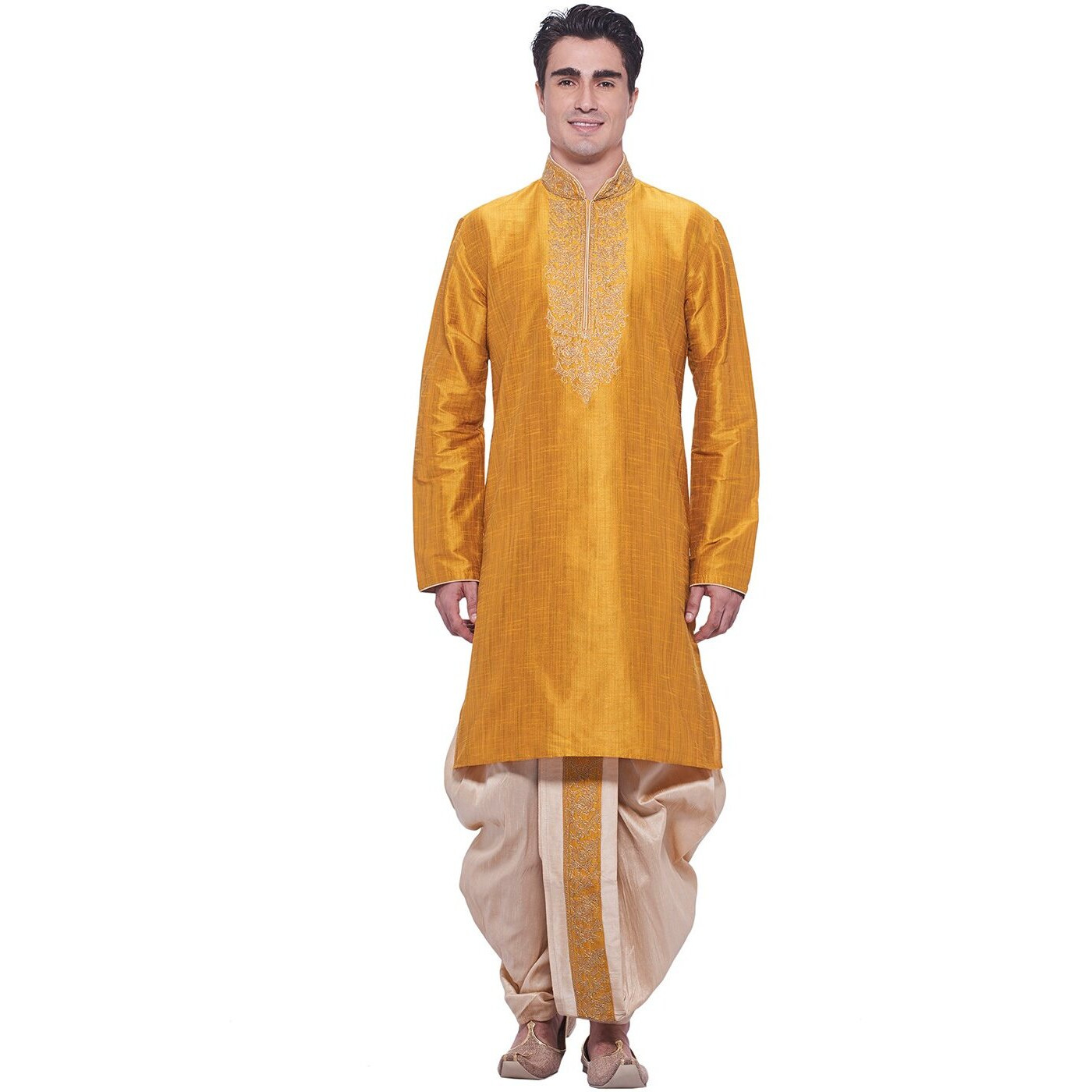 Manyavar Men's Cotton Plain Regular Kurta and Dhoti Pant Set (S952475-328-S_Yellow_S)