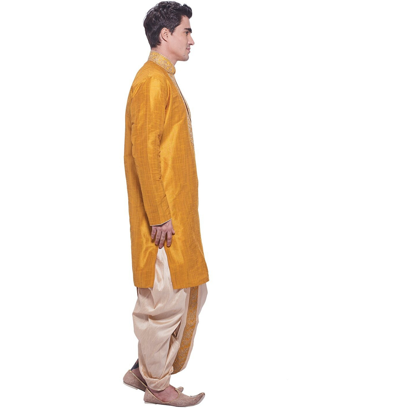 Manyavar Men's Cotton Plain Regular Kurta and Dhoti Pant Set (S952475-328-S_Yellow_S)