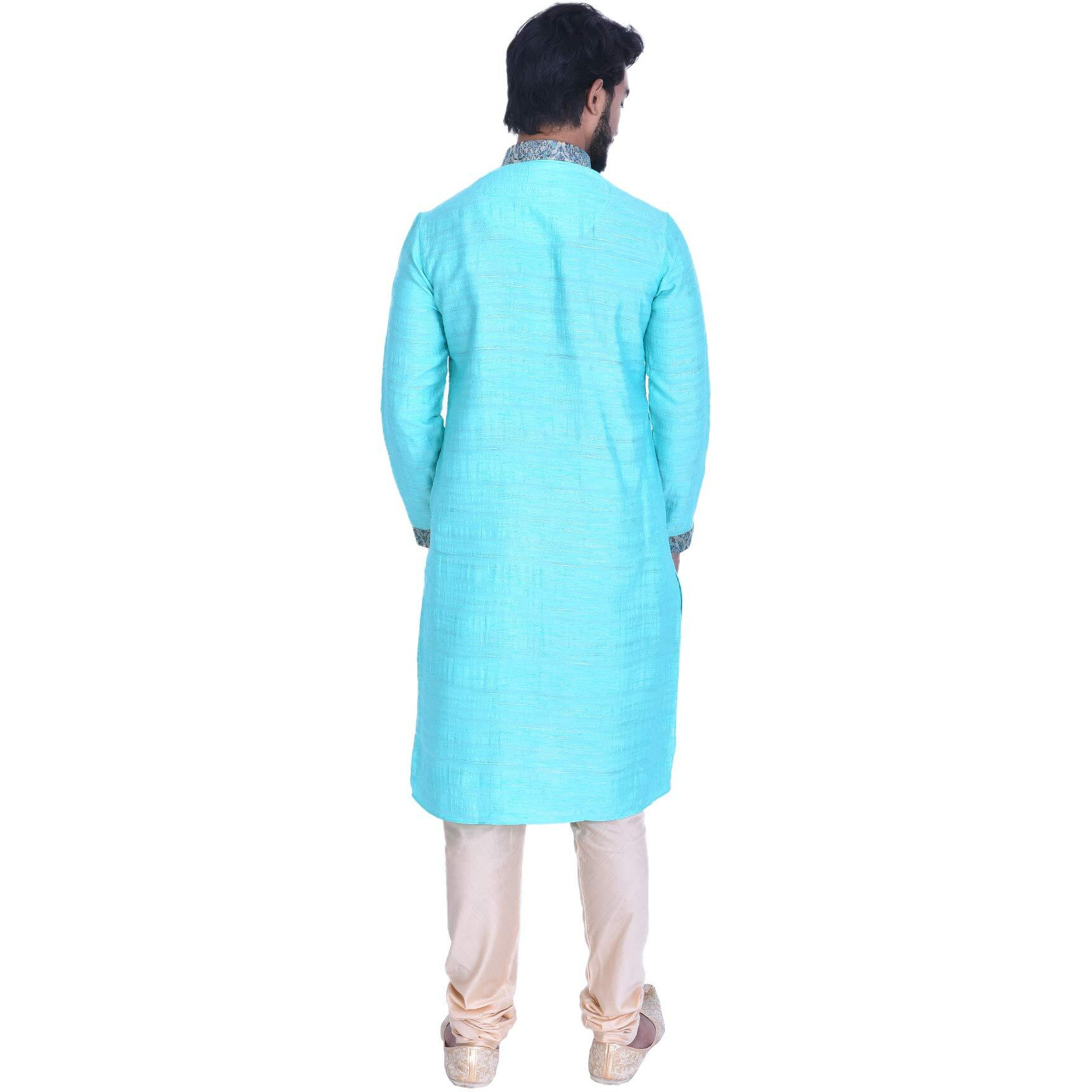Manyavar Men's Regular Fit Blended Kurta & Churidar Set, Turquoise - Medium (S952693-333)