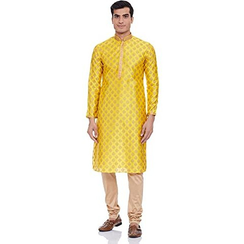 Manyavar Men's Regular Fit Kurta & Churidar Set, Yellow - Medium (SDES298-324)
