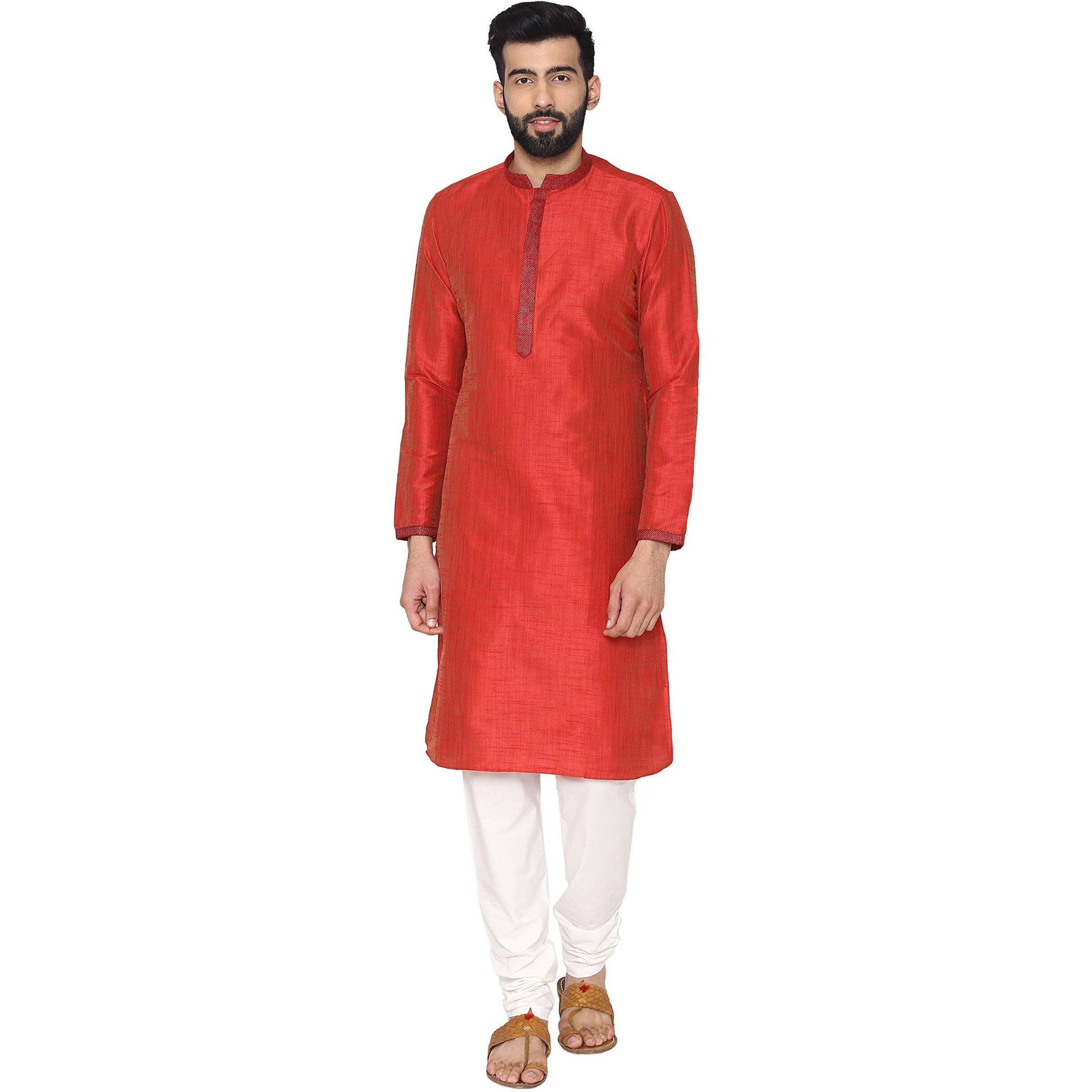 Manyavar Men's Full Sleeve Kurta & Churidar Set, Red - Small (S952712-329)