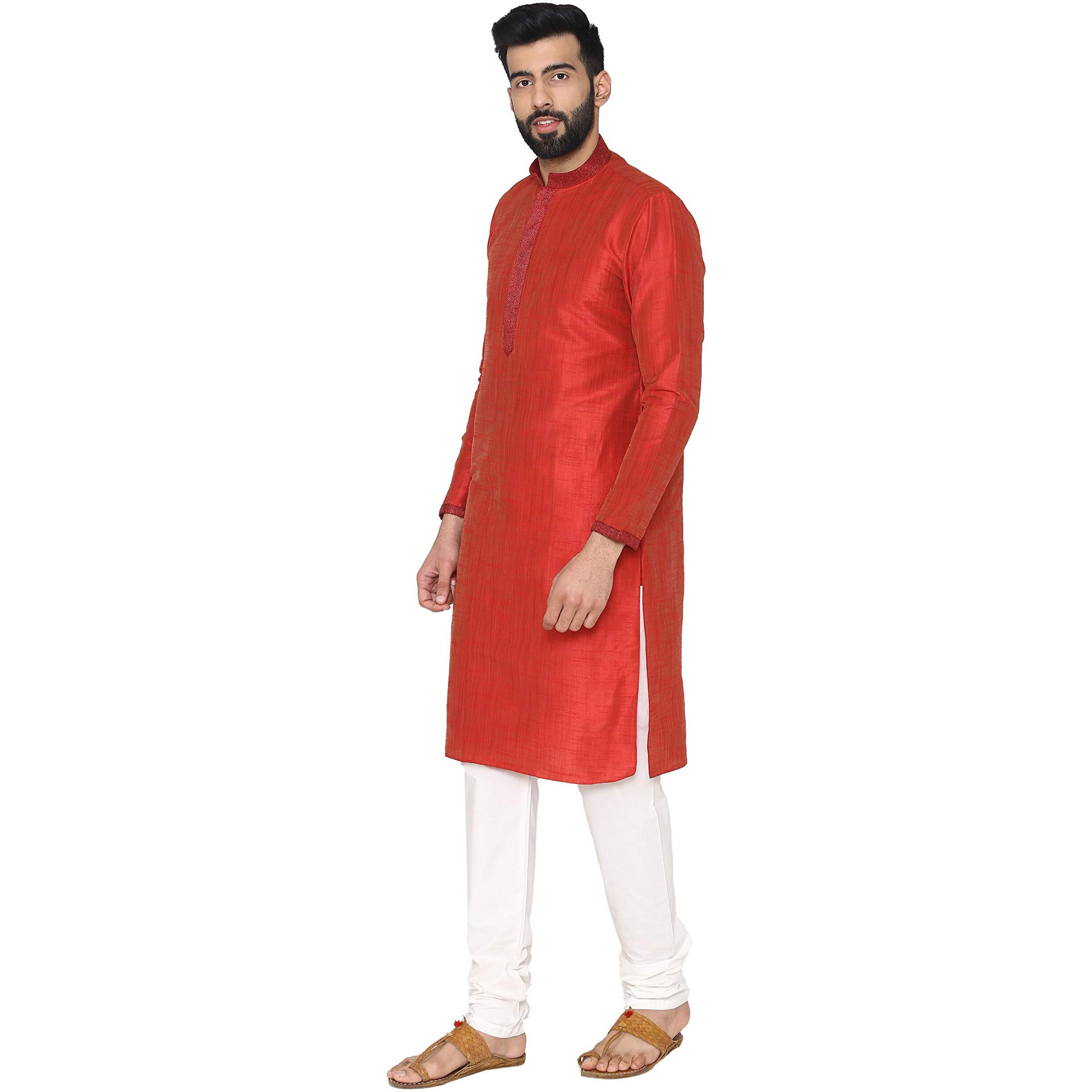 Manyavar Men's Full Sleeve Kurta & Churidar Set, Red - Small (S952712-329)
