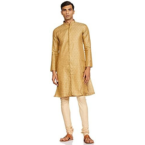Manyavar Men's Blended Kurta & Churidar Set, Beige - Small (M511176-304)