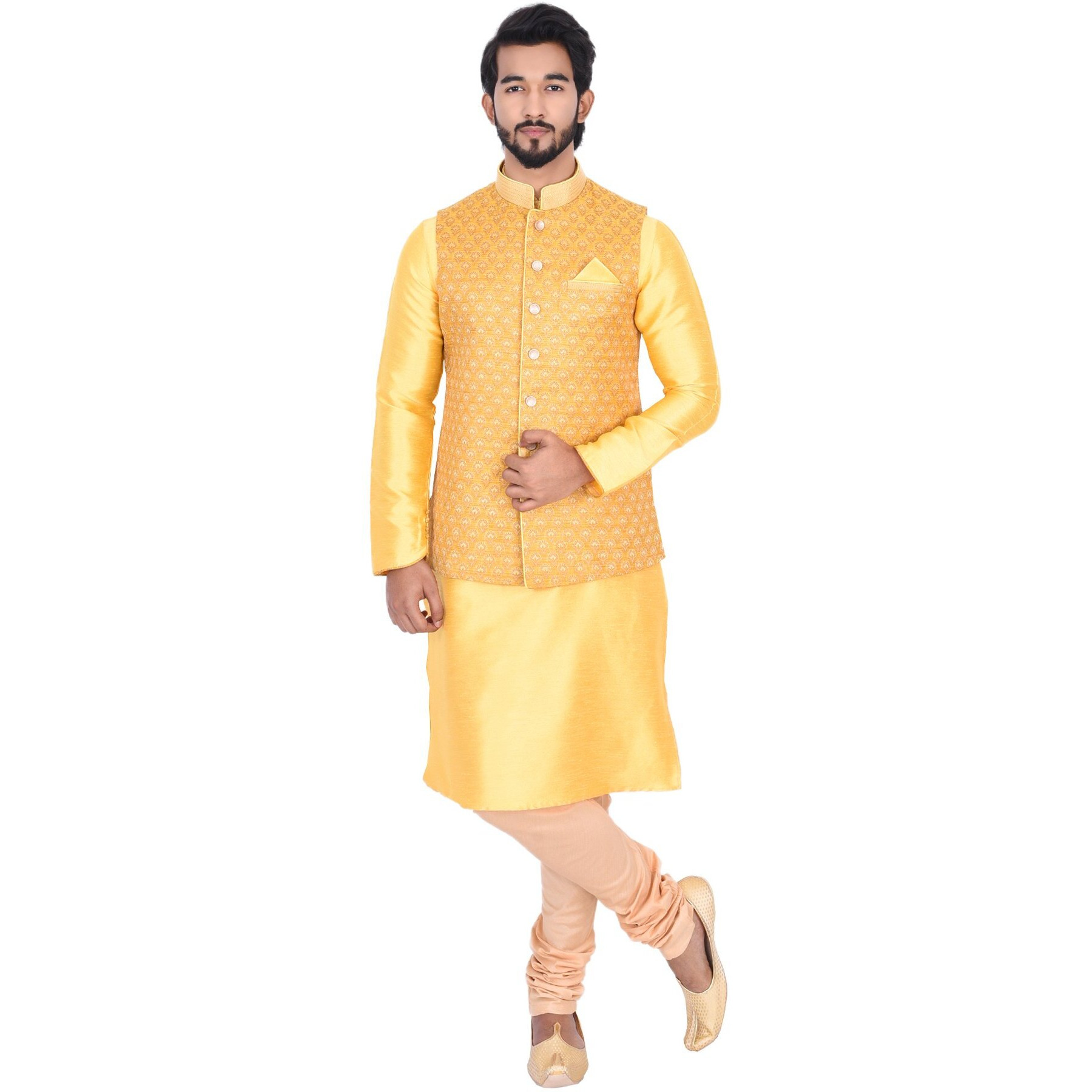 Manyavar Men's Silk Kurta Pyjama with Waist Coat (JAST066_Yellow_L)