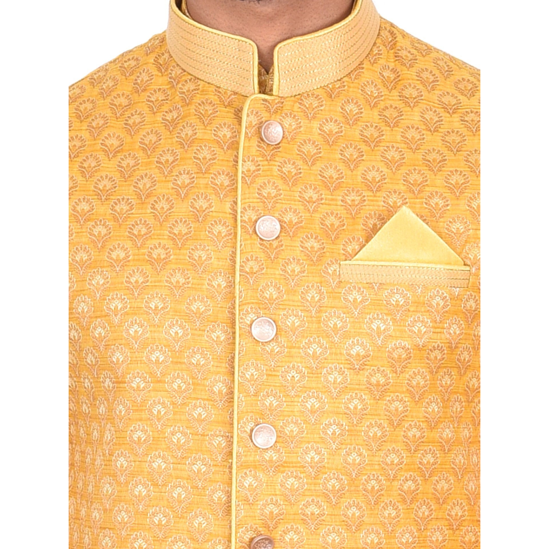 Manyavar Men's Silk Kurta Pyjama with Waist Coat (JAST066_Yellow_L)