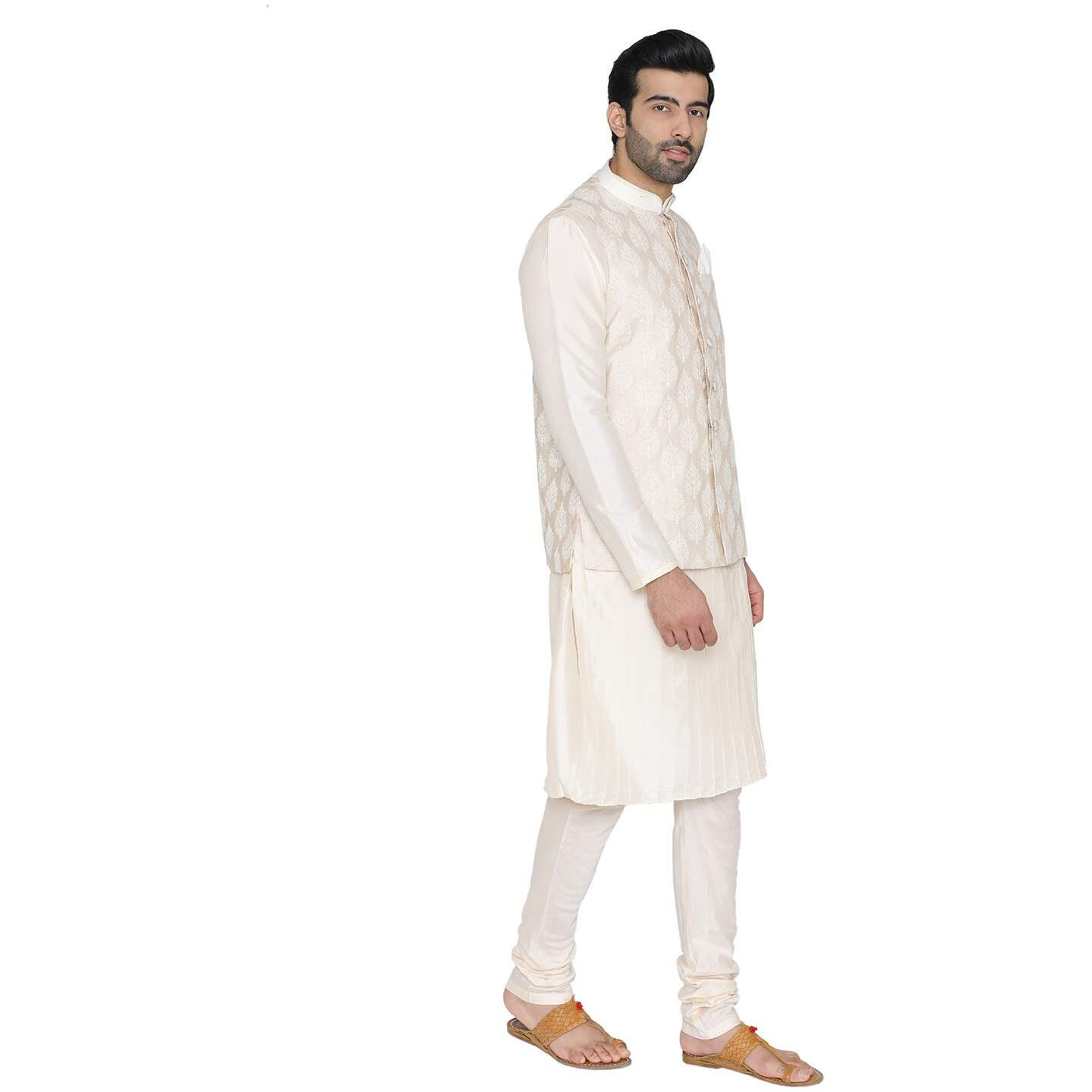 Manyavar Men's Silk Kurta Pyjama with Waist Coat (JAST072_Off-White_Medium)