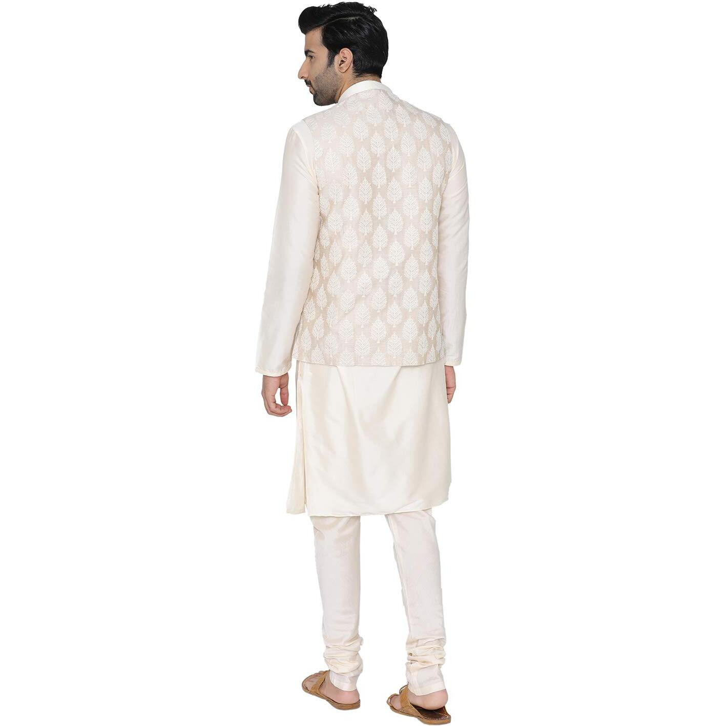 Manyavar Men's Silk Kurta Pyjama with Waist Coat (JAST072_Off-White_Medium)