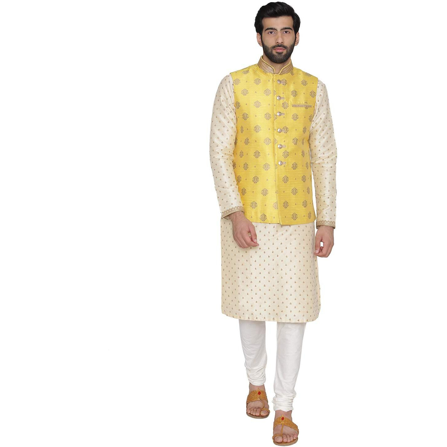 Manyavar Men's Art Silk Jacket (JAC149_Yellow_M)