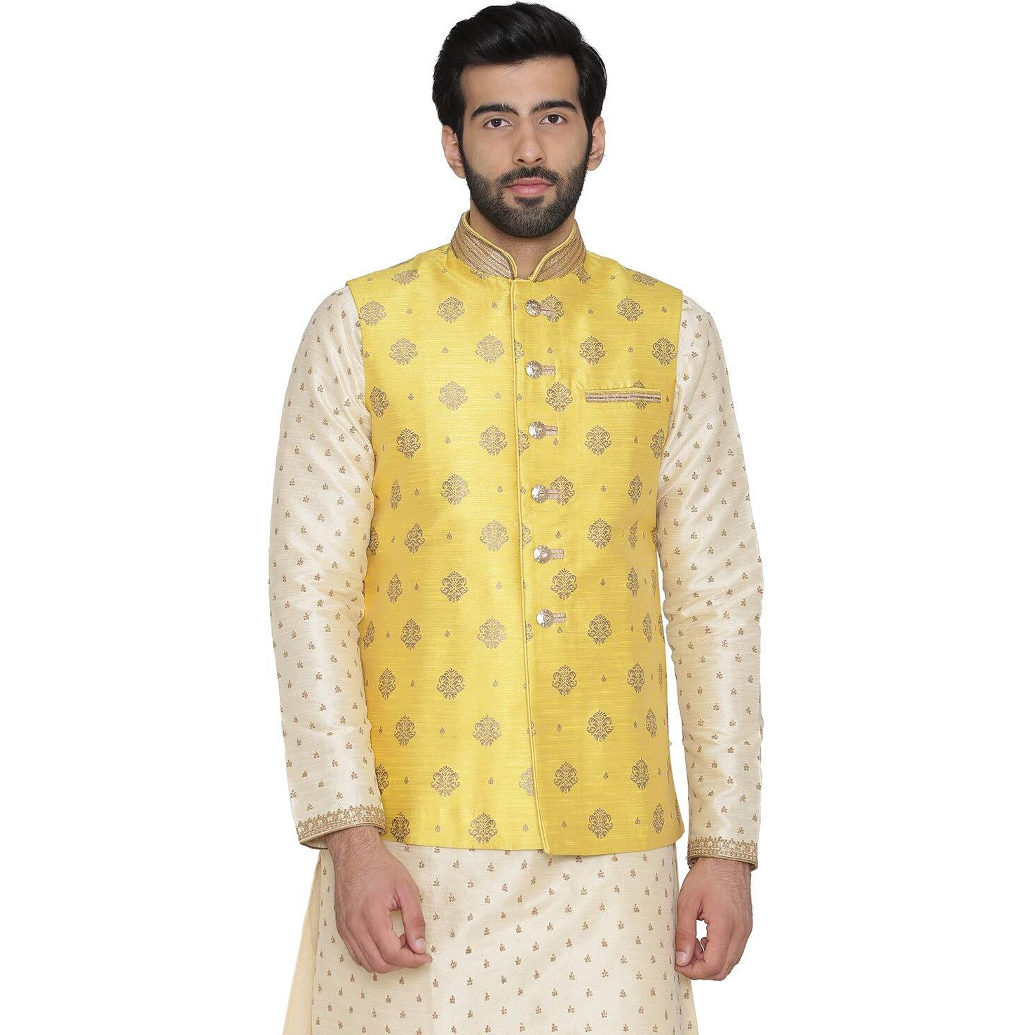 Manyavar Men's Art Silk Jacket (JAC149_Yellow_M)
