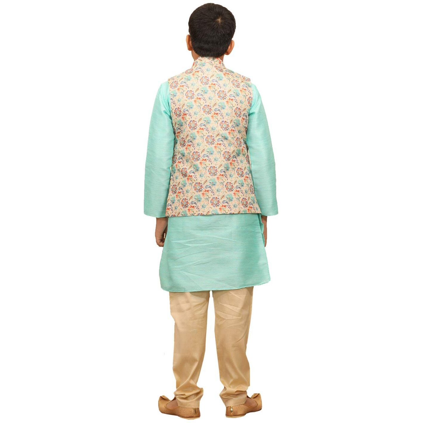 Manyavar Boys Kurta Jacket Churidar Set, Mandarrin Collar with Side Button Closure, Blended Silk Full Sleeve Kurta Jacket Churidar Set for Kids, (Beige) (12 Years-13 Years)