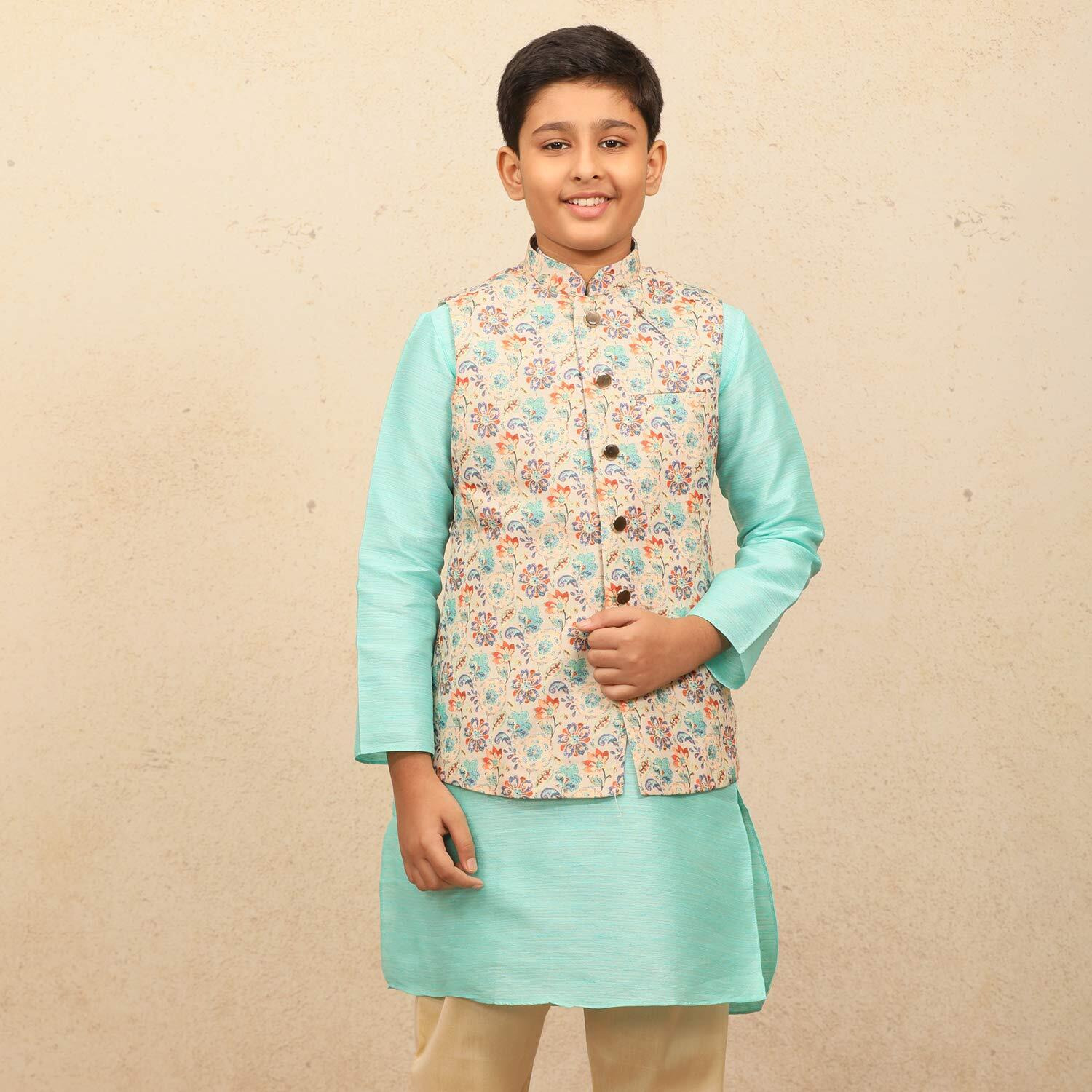 Manyavar Boys Kurta Jacket Churidar Set, Mandarrin Collar with Side Button Closure, Blended Silk Full Sleeve Kurta Jacket Churidar Set for Kids, (Beige) (12 Years-13 Years)