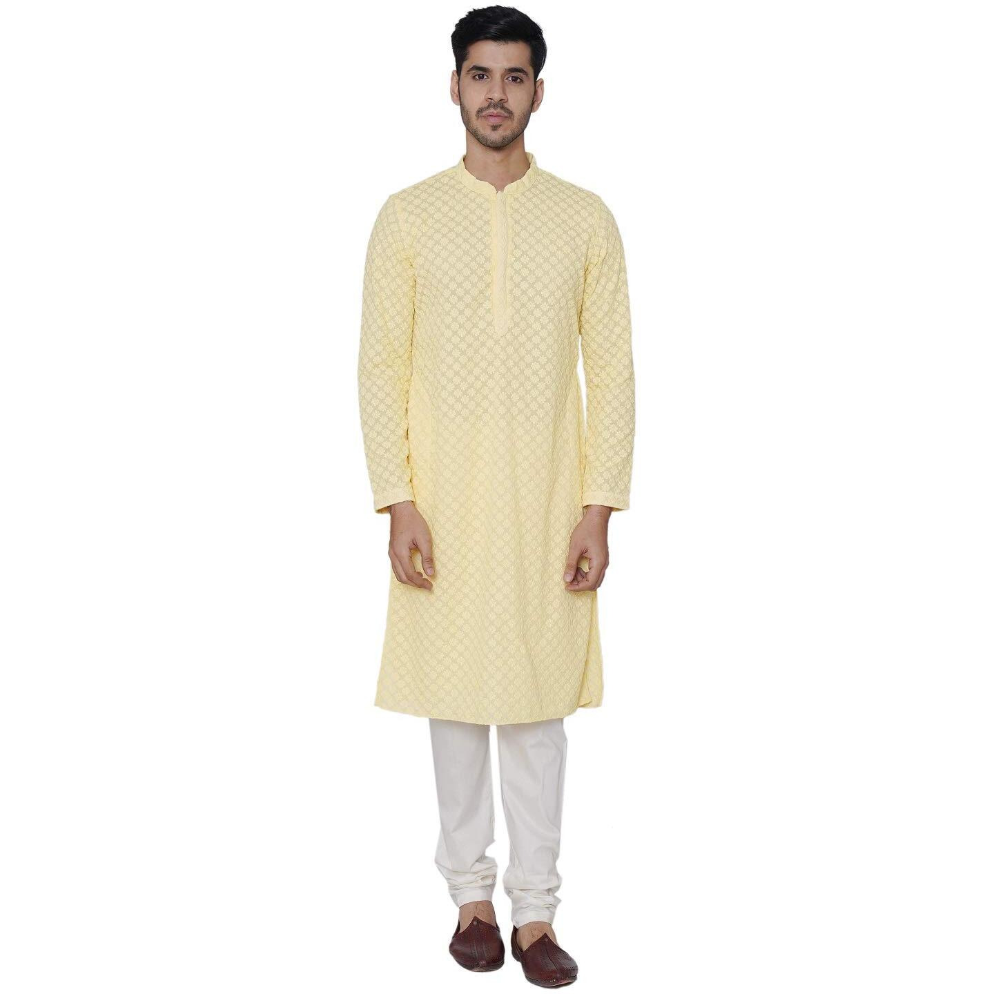 Manyavar Sophisticated SelfDesign Kurta and Churidar Set For Men - (Lemon Yellow, X-Large)