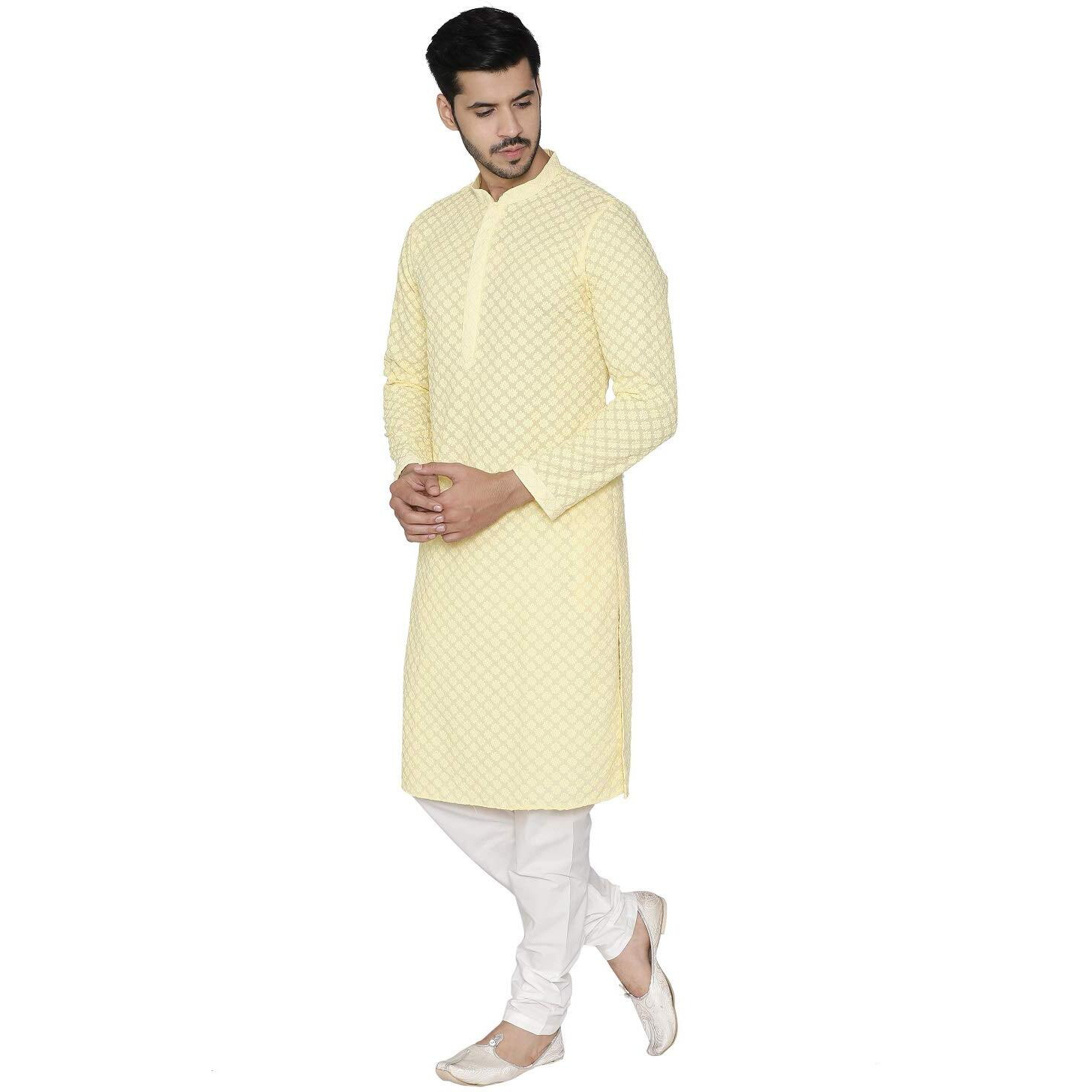 Manyavar Sophisticated SelfDesign Kurta and Churidar Set For Men - (Lemon Yellow, X-Large)