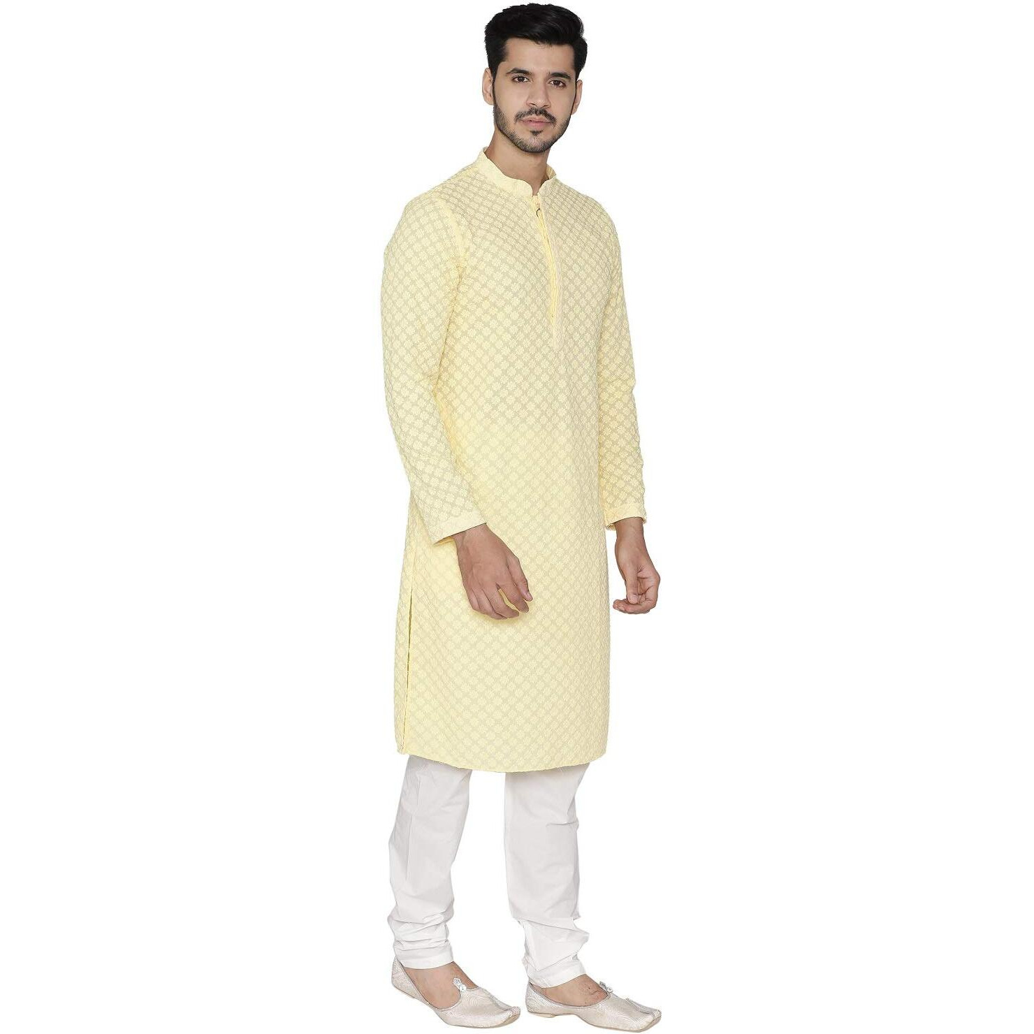 Manyavar Sophisticated SelfDesign Kurta and Churidar Set For Men - (Lemon Yellow, X-Large)