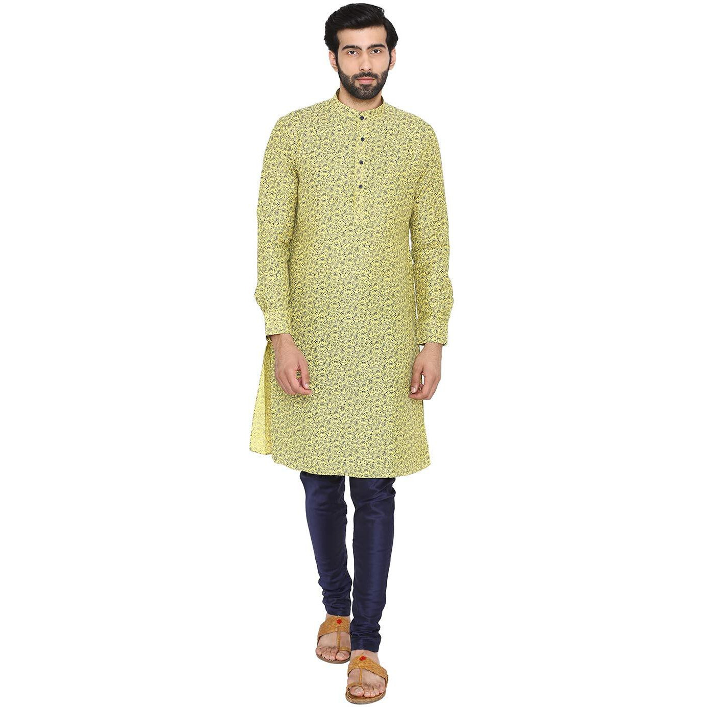 Manyavar Men's Silk Kurta (ML11896_Yellow_X-Large)
