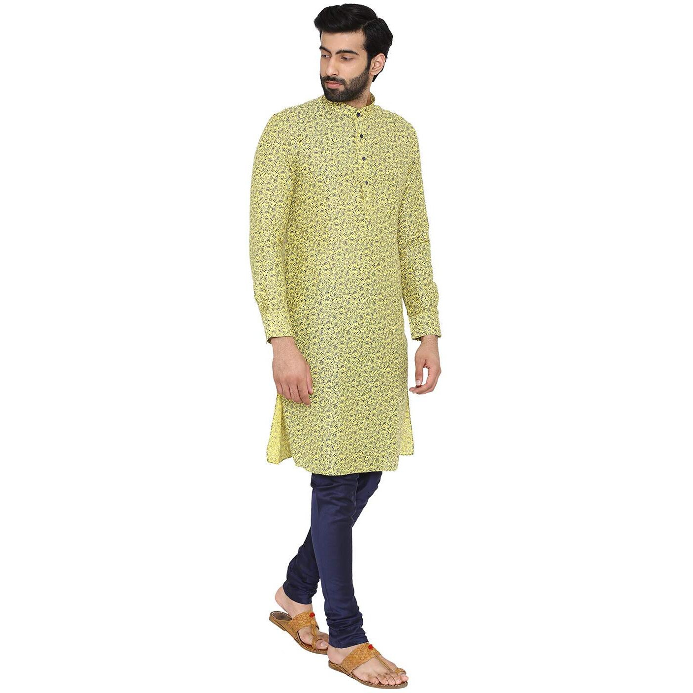 Manyavar Men's Silk Kurta (ML11896_Yellow_X-Large)