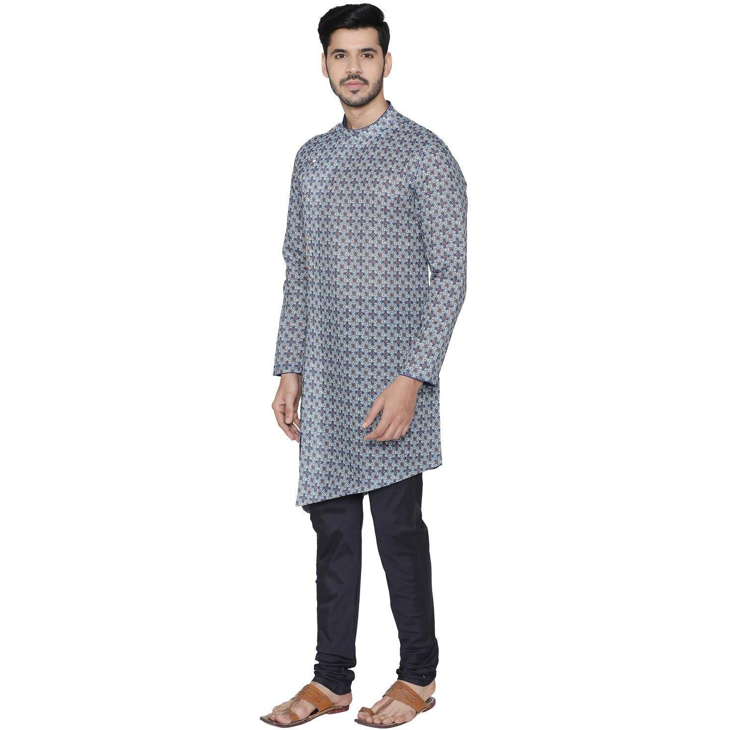 Manyavar Men's Cotton Blend Kurta (MLOSK300_Blue_L)