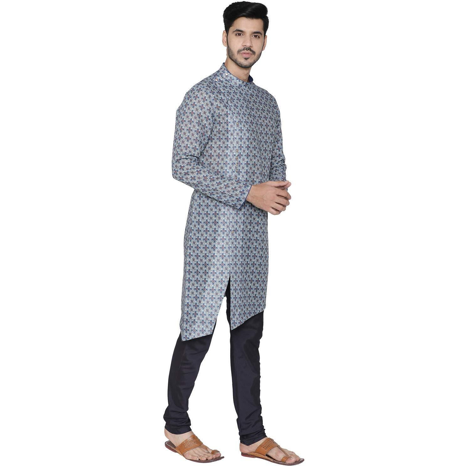 Manyavar Men's Cotton Blend Kurta (MLOSK300_Blue_L)