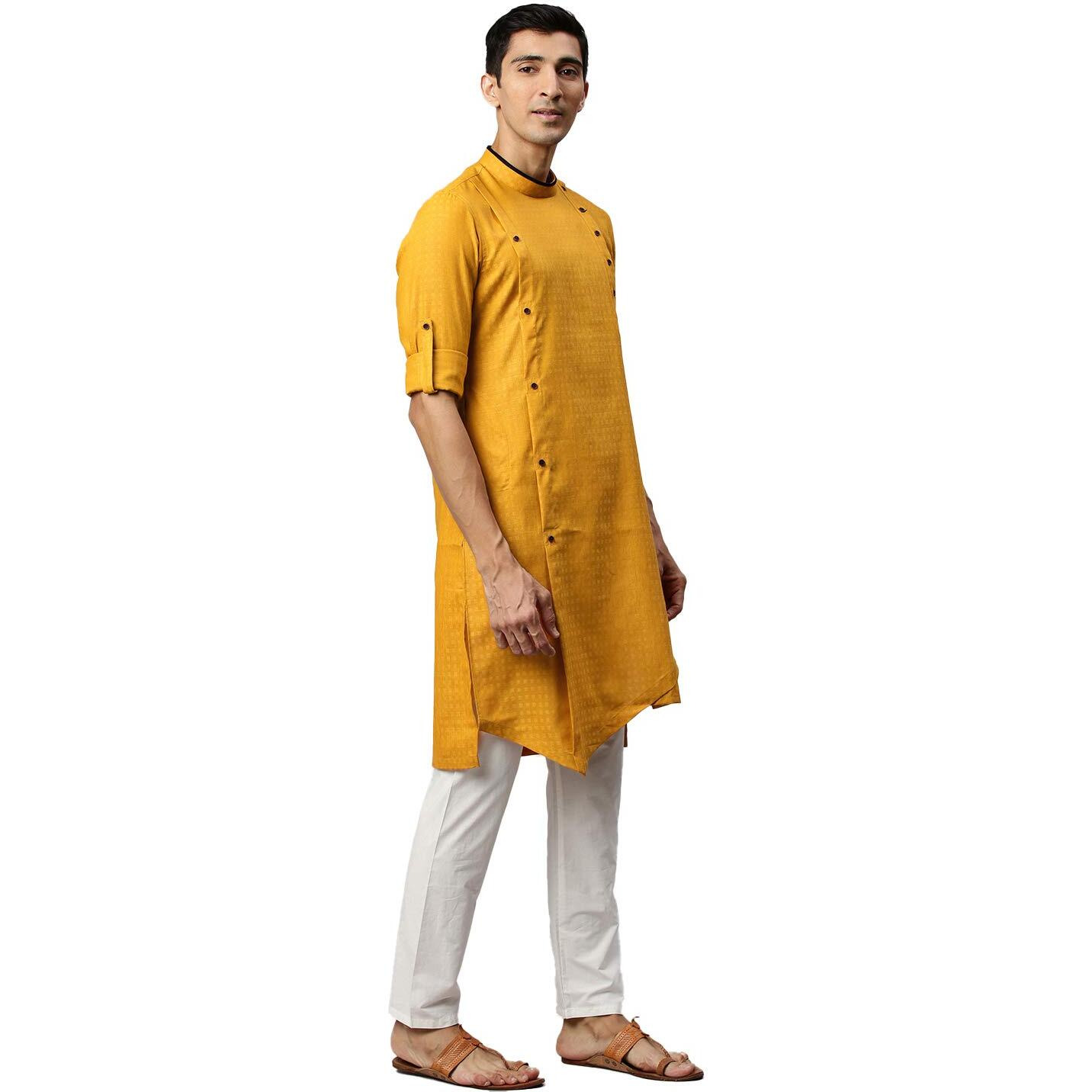 Manyavar Stylish SelfDesign Full Sleeves Kurta for Men - (Light Orange, Small)