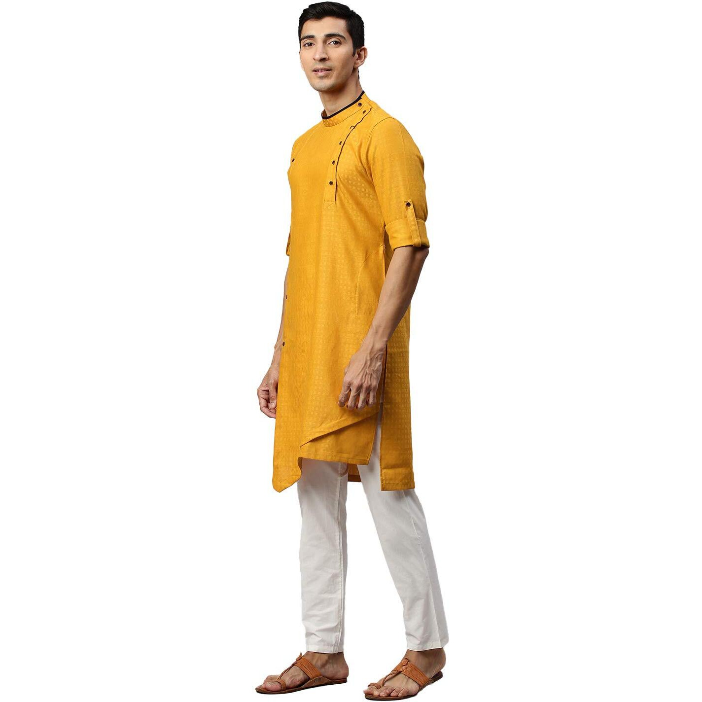 Manyavar Stylish SelfDesign Full Sleeves Kurta for Men - (Light Orange, Small)