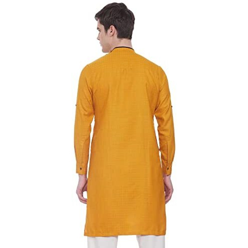 Manyavar Stylish SelfDesign Full Sleeves Kurta for Men - (Light Orange, Large)