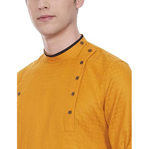 Manyavar Stylish SelfDesign Full Sleeves Kurta for Men - (Light Orange, Large)