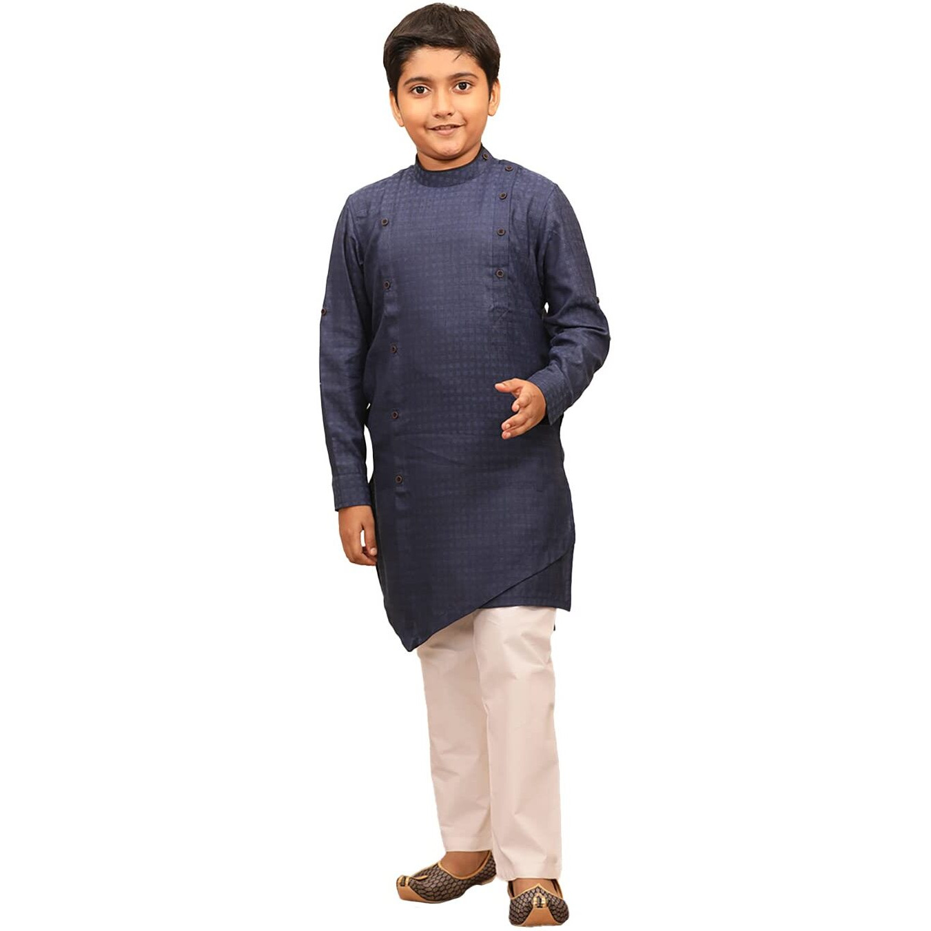 Manyavar Kurta Pajama Set for Kids and Boys, Mandarin Collar with Button, Full Sleeve Kurta Set, Blended Viscose Self Design Kurta Set (Blue) (6-7 years)
