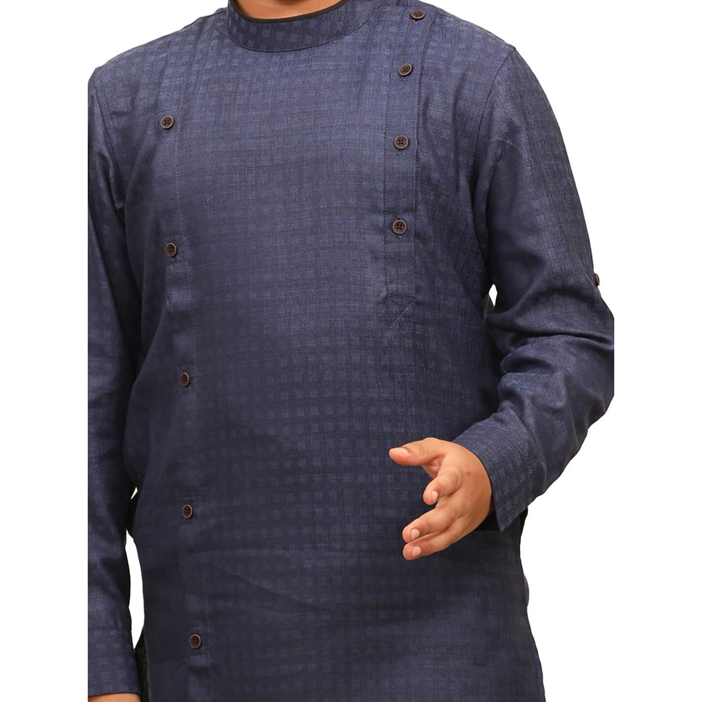 Manyavar Kurta Pajama Set for Kids and Boys, Mandarin Collar with Button, Full Sleeve Kurta Set, Blended Viscose Self Design Kurta Set (Blue) (6-7 years)