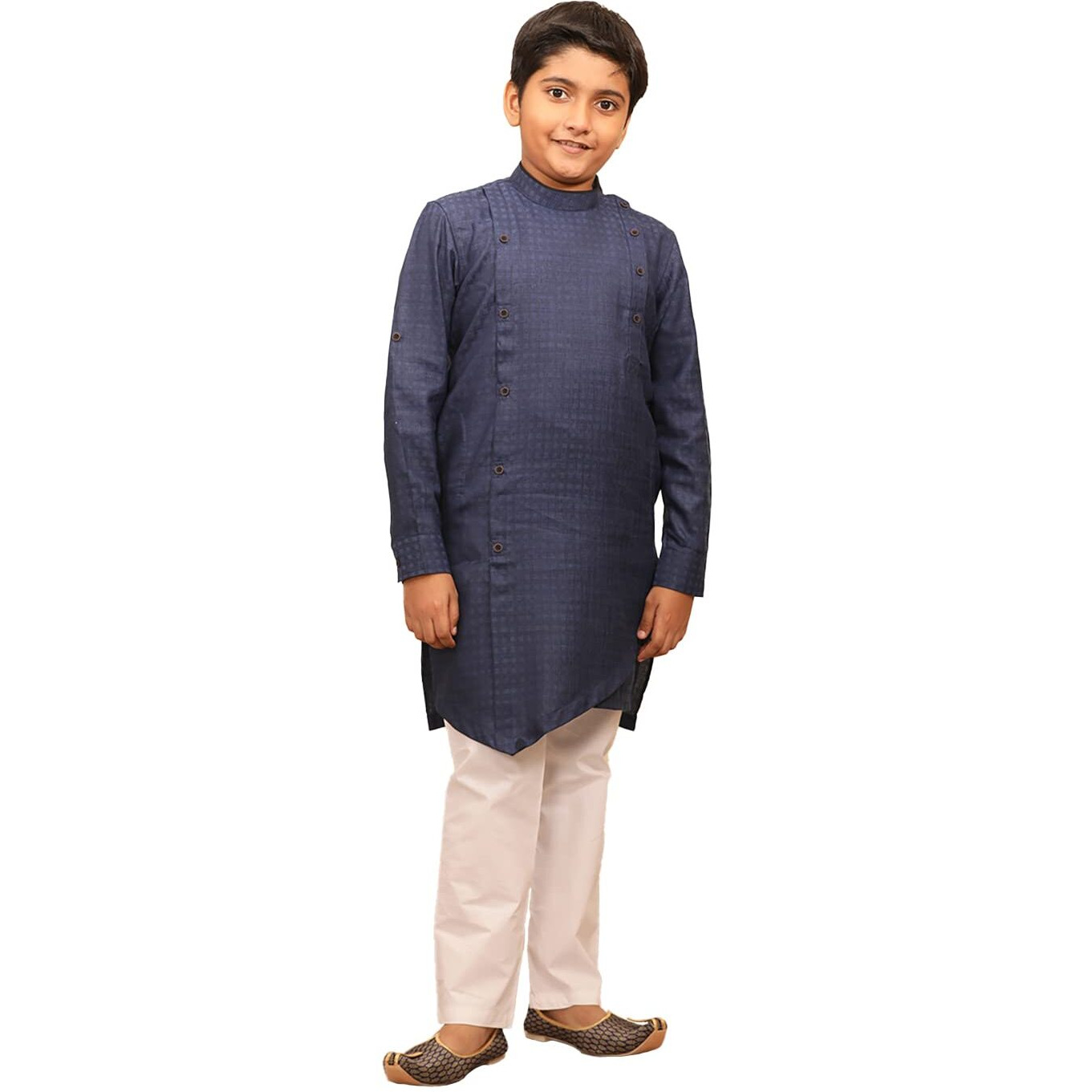 Manyavar Kurta Pajama Set for Kids and Boys, Mandarin Collar with Button, Full Sleeve Kurta Set, Blended Viscose Self Design Kurta Set (Blue) (6-7 years)