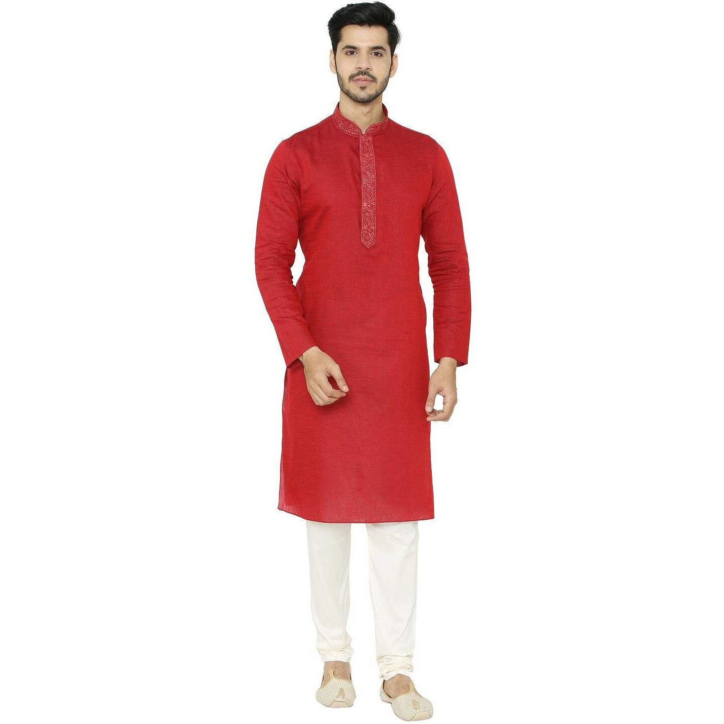 Manyavar Men's Cotton Other Kurta Pyjama (M301102_Maroon_L)