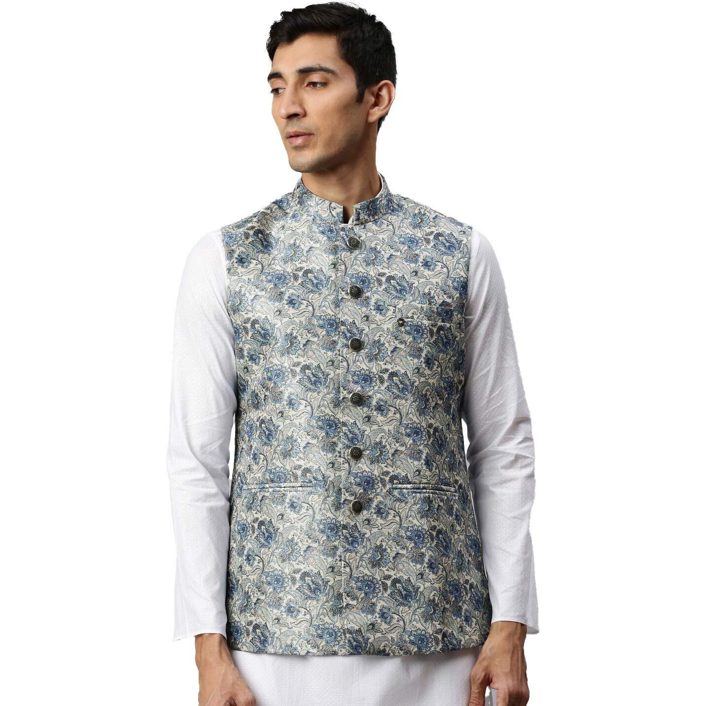 Manyavar Men's Nehru Jacket (JAC165-339_Blue_M)