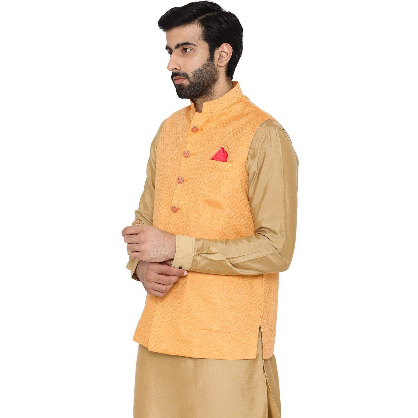 Manyavar Men's Jacket (JAC164-318 - L_Orange_Large)