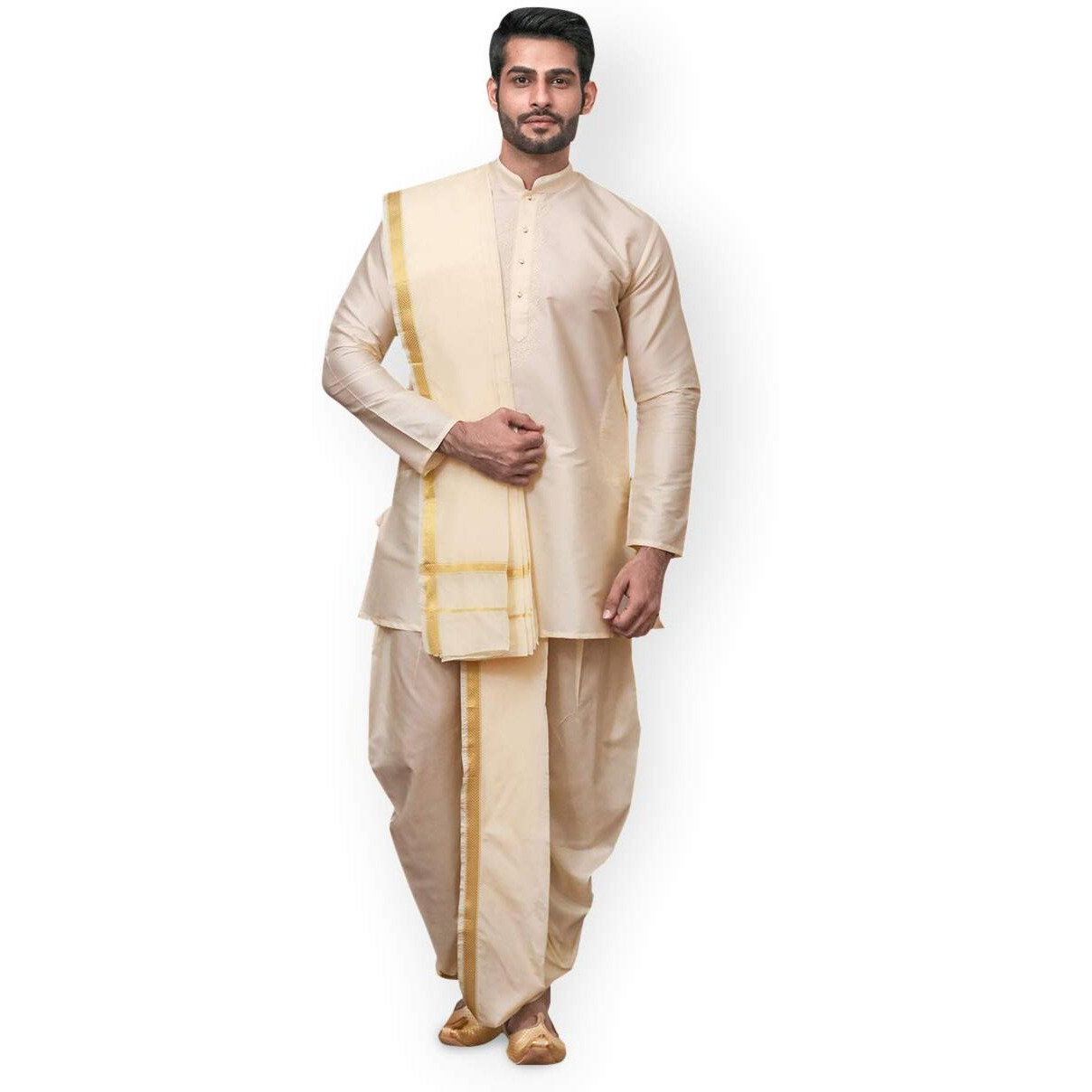 Manyavar Men's Cotton Kurta Dhoti Set (Off White, Large)